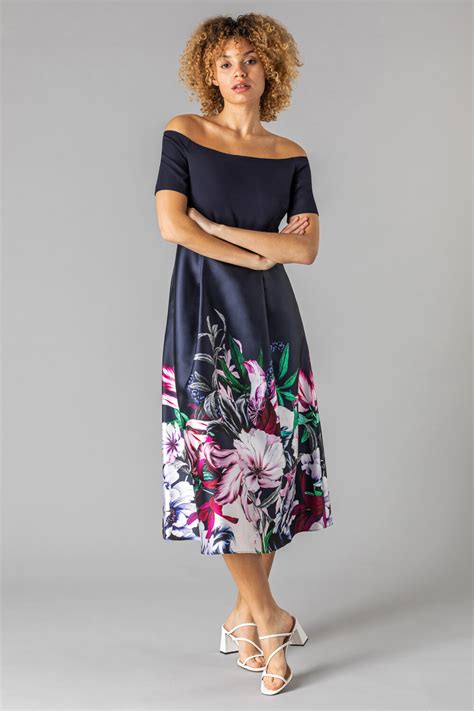 Bardot Floral Fit And Flare Dress In Navy Roman Originals Uk
