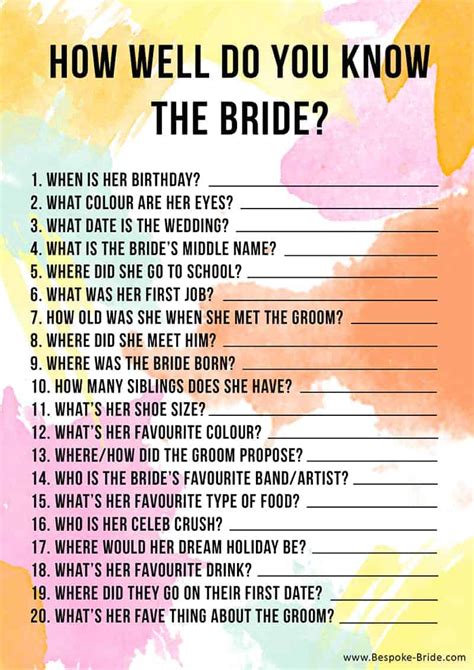 Free Printable How Well Do You Know The Bride Hen Party And Bridal Shower Game Bespoke Bride