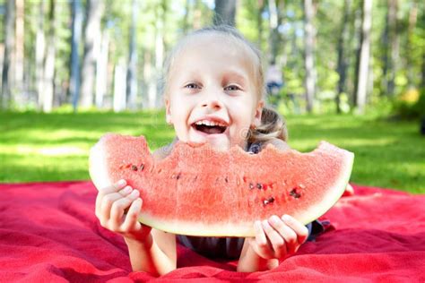 Funny Child Eating Watermelon In The Park Stock Image Image Of