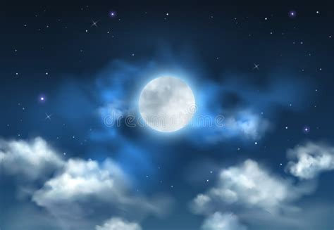 Vector Beautiful Blue Night Sky With Glowing Full Moon Stars And