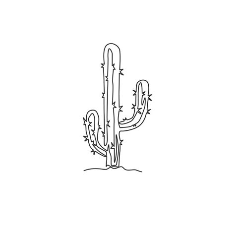 Single Continuous Line Drawing Of Dry Tropical Thorny Cactus Plant
