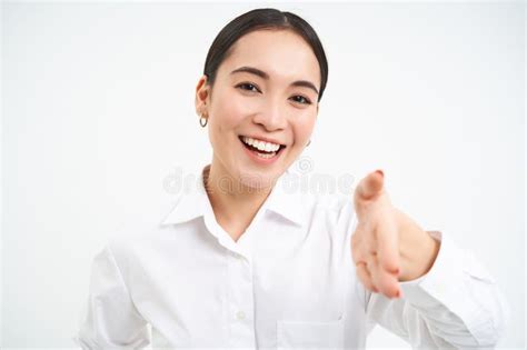 Confident Successful Businesswoman Asian Lady Shakes Hand Extends