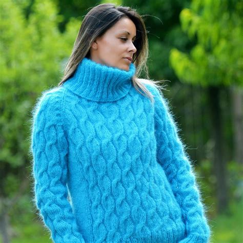 Extravagantza Blue Hand Knitted Mohair Sweater Fuzzy Cable Fluffy