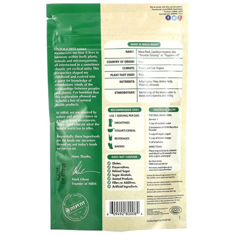MRM Nutrition Raw Organic Maca Root Powder 8 5 Oz 240 G