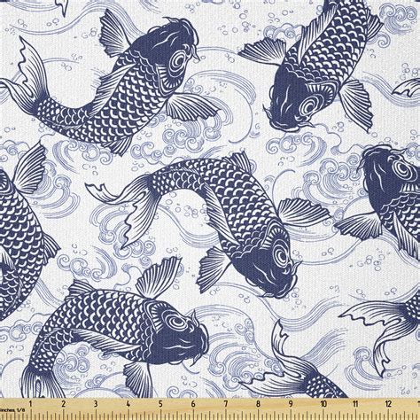 Fish Fabric By The Yard Japanese Carp Koi Wave Patterned Background