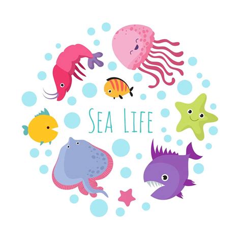 Cute Cartoon Sea Life Animals Isolated On White Background
