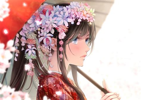 Wallpaper Kimono Anime Girl Pretty Flowers Umbrella
