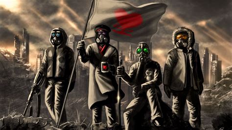 Four Soldiers Holding Flag Wallpaper Gas Masks Anime Gone With The