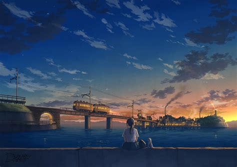 Download 3840x2160 Anime Landscape Train School Girl Cat Sunset