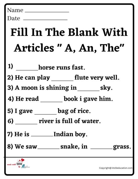 Fill In The Blank With Articles A An The Worksheet