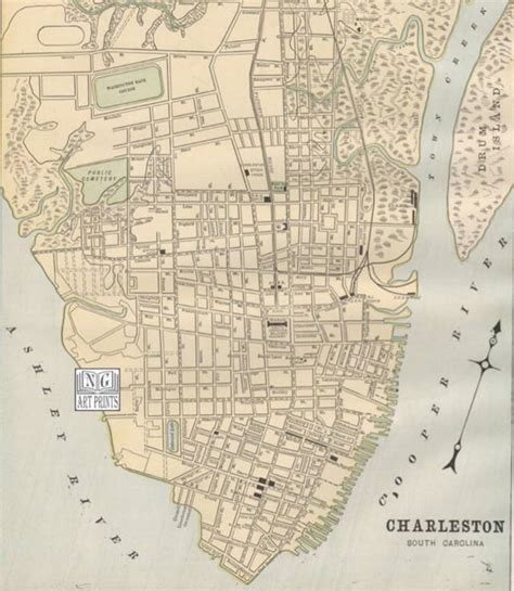 1800s Map Of Charleston Sc Antique City Map Vintage South
