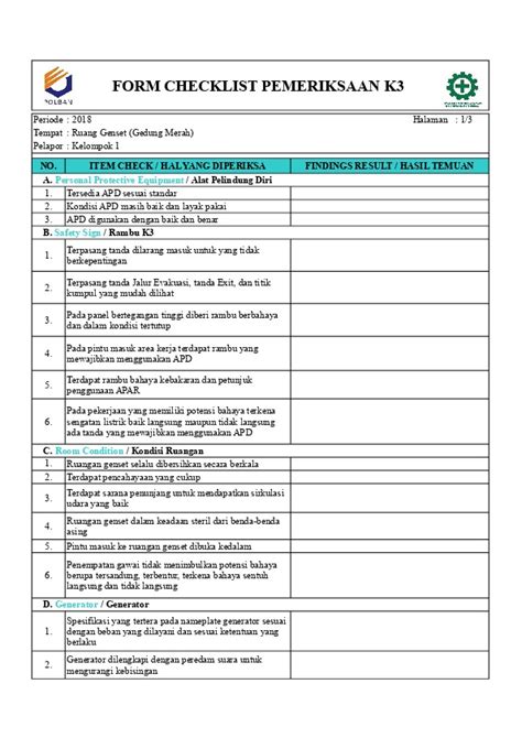 35 Contoh Formulir Checklist Inspeksi K3 Lengkap Aku Katiga Images