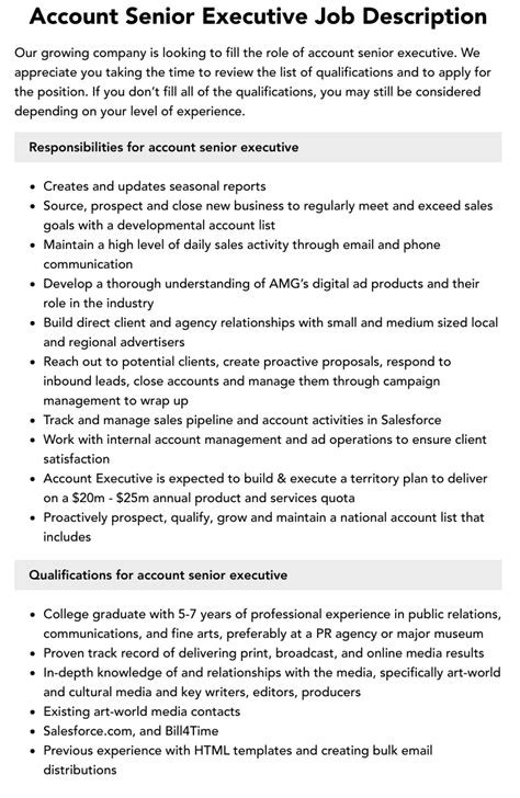 Account Senior Executive Job Description Velvet Jobs