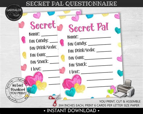 Valentines Day Secret Pal Questionnaire Printable T Etsy Secret