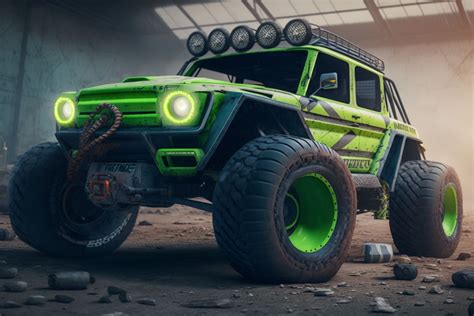 A Green Monster Truck With Bright Lights On It S Tires