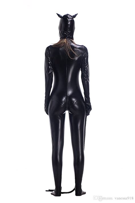 hot sale sexy costume faux leather black sexy catwoman latex catsuit erotic cat costume