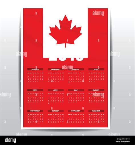 Calendar 2019 Canada Flag Background English Language Stock Vector