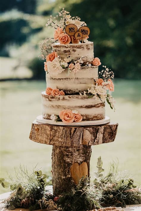 Semi Naked Cake Flowers Rustic Wooden Log Stand Eggington House Wedding