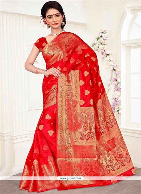 Buy Distinctively Red Banarasi Silk Traditional Saree Designer Sarees