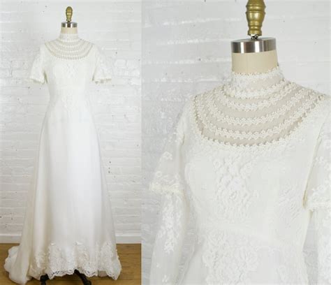 1970s Victorian Style High Neck Wedding Gown By Alfre Gem