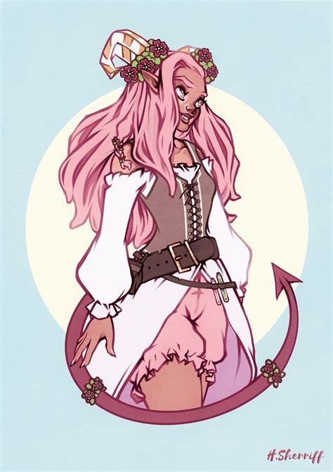 A Drawing Of A Woman With Long Pink Hair Wearing A Corset And Dress