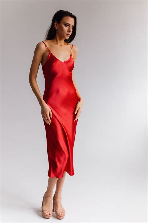 Red V Neck Silk Slip Midi Dress Silk Slip Trends Dress Etsy