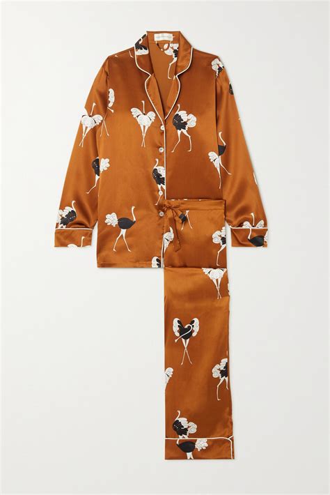 Olivia Von Halle Lila Cascadia Printed Silk Satin Pajama Set In Orange