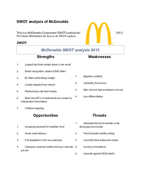 Maybe you would like to learn more about one of these? (DOC) SWOT analysis of McDonalds McDonalds SWOT analysis ...