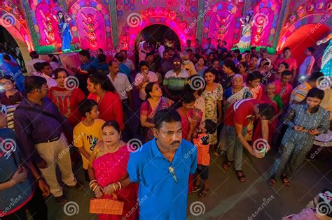 Hindu Devotees Gathered For Praying To Goddess Durga Inside Puja Pandal