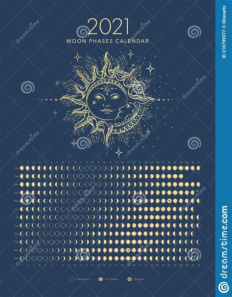 2021 Moon Phases Calendar Golden Moon And Sun Astronomy Vector Stock
