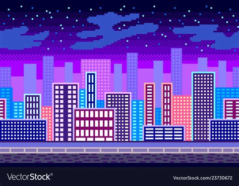 Pixel Art Night City Seamless Background Detailed Vector Image