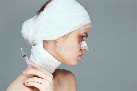 Emotional Woman Plastic Surgery Operation Bare Shoulders Close Up Stock