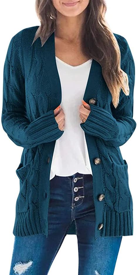 Merokeety Women S Long Sleeve Cable Knit Sweater Open Front Cardigan Button Loose Outerwear