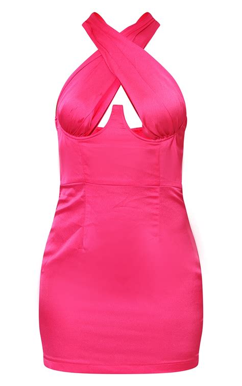 Hot Pink Satin Underbust Detail Bodycon Dress Prettylittlething Aus