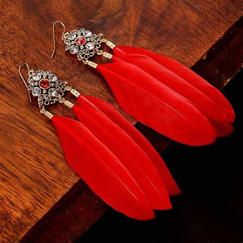 Aandc Fashion Bohemia Red Feather And Rhinestones Dangle Earring Jewelry For Women Indiana
