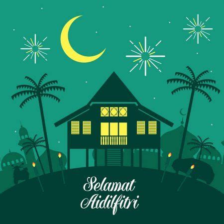 During the month of ramadan, fasting is done between dawn and dusk and on this day, muslims all over the region can end their fast and enjoy fellowship. Hari Raya Aidilfitri vector illustration with traditional ...
