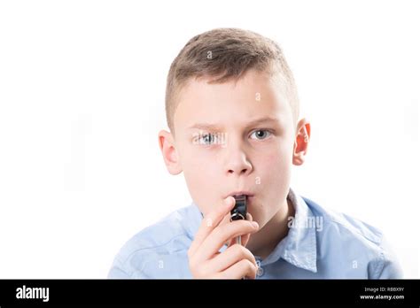 Boy With Whistle On White Background Stock Photo Alamy