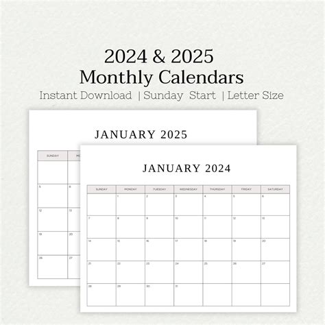 2024 2025 Printable Calendar 2024 Yearly Calendar Printable Etsy Uk