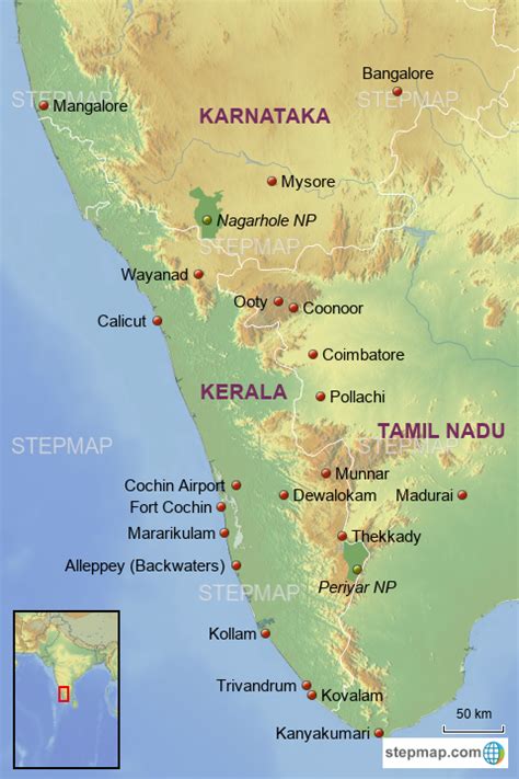 Karnataka is a state in southern india and has bangalore as its capital. StepMap - Template - Karnataka & Kerala 2:3 - Landkarte für India