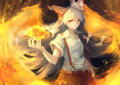 Female Anime Character With Fire Magic Digital Wallpaper Touhou