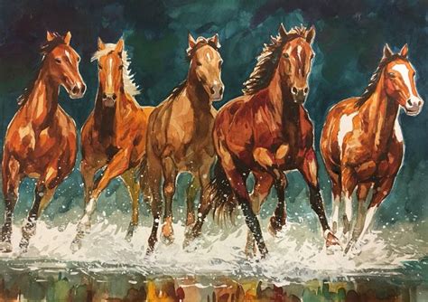 Horses Running Over Water Magical Horses Watercolor Horse Horses