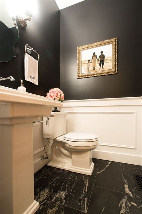 Different types of tiles are shown like quartz flooring, resin flooring, concrete coating, etc. Traditional Powder Room with Wainscotting, High ceiling ...