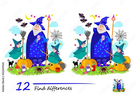 Find 12 Differences Illustration Of Wizard And Little Witches