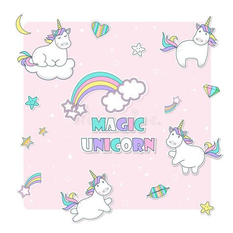 Set Of Cute Unicorn Icons Rainbow And Stars Child Vector Illustration