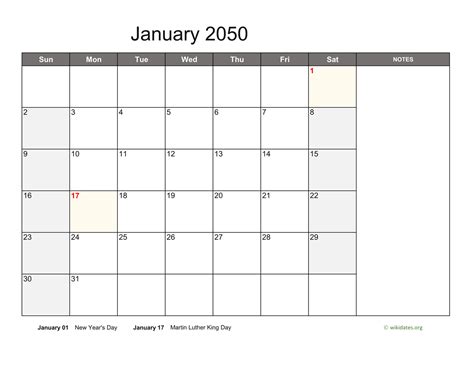Monthly 2050 Calendar With Notes