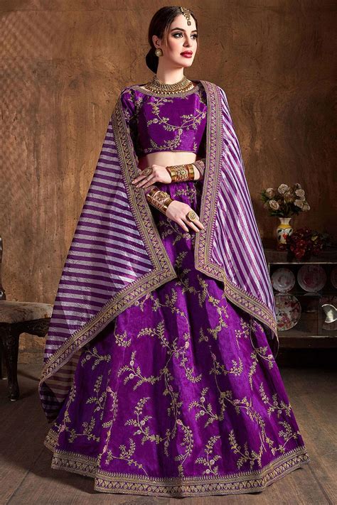Buy Purple Zari Embroidered Lehenga In Silk With Lehriya Dupatta Online Like A Diva