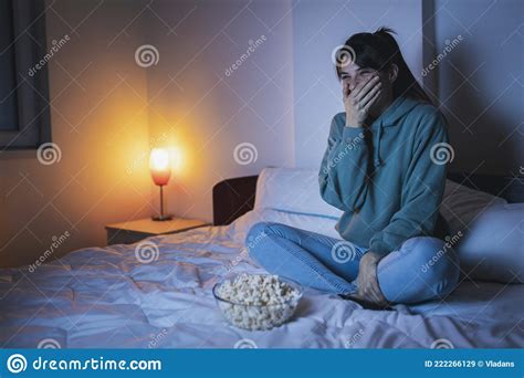 Woman Laughing While Watching Tv Stock Image Image Of Movie Leisure