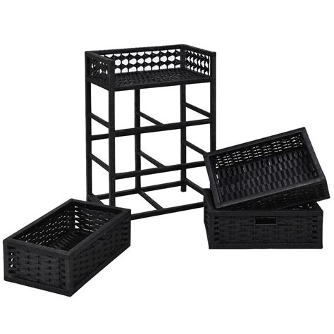 Storage Unit Tower Shelf Wicker Baskets Storage Chest Rack Black 3