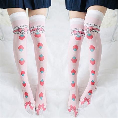 Japanese Harajuku Kawaii Strawberry Bow Knee Socks Tights Harajuku Fashion Street Japanese