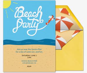This free printable beach party template is cheerful and literally sunny, because of the big smiling sun that looks down over the remnants of a dock with a seagull perched but there's nothing specifically holiday about it, so you can use it to send invites to your friends and family all summer long. Free Beach Party Online Invitations | Evite